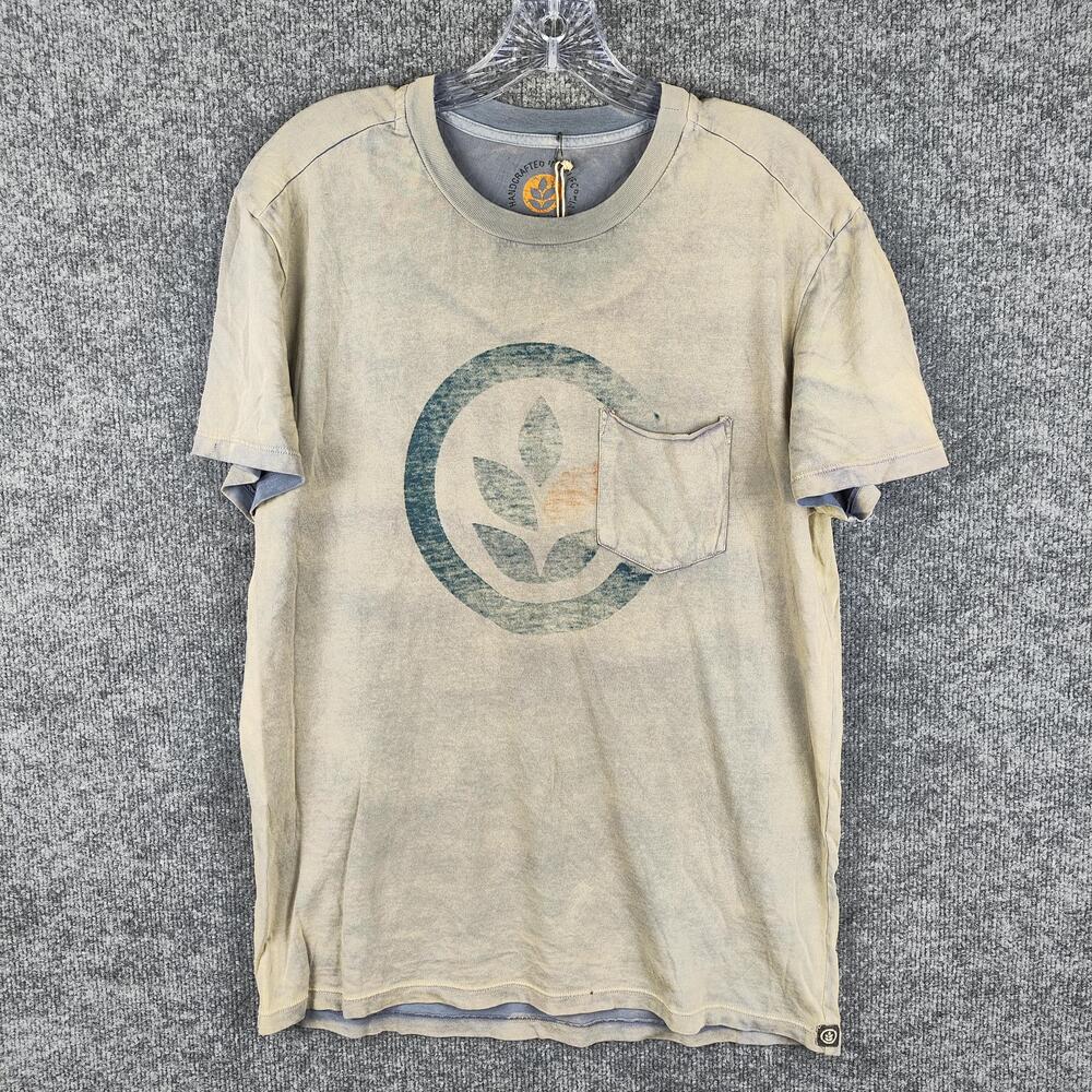 Leaf Logo Pocket Shirt Mens Medium Beige Layered Hem Tagless Graphic Tee
